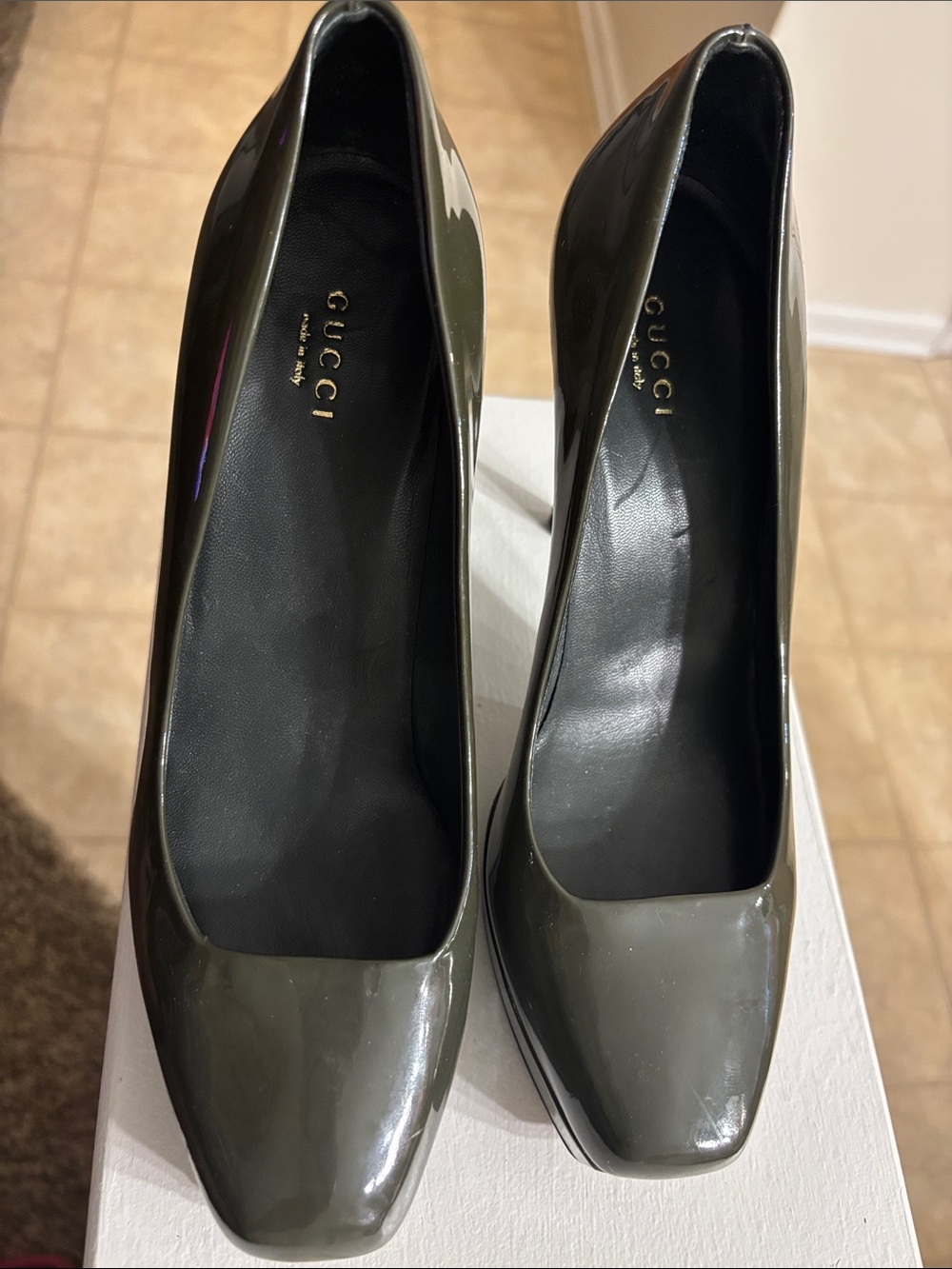 Gucci Olive Green Patent Leather Square-Toe Pumps